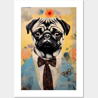 Cute Pug Dog Portrait in Suit Vintage Art Posters and Art